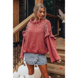 POL Rose Pink Pearl-Embellished Ruffle Sleeve Crewneck Sweater